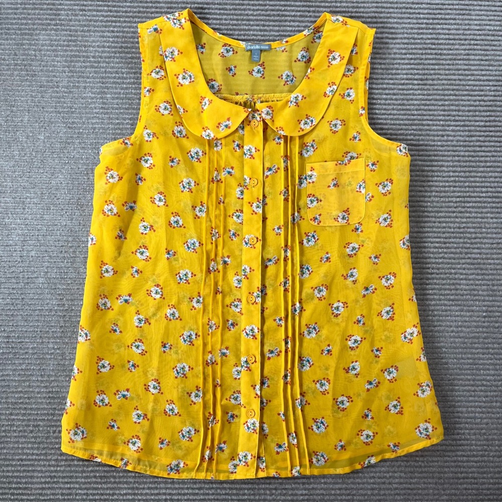 Charlotte Russe Yellow Floral Peter‎ Pan Collar Pintuck Sleeveless Top S T4155FX